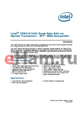 TXN31015D2 datasheet - Quad-Rate 850 nm Optical Transceiver - SFF* MSA Compatible