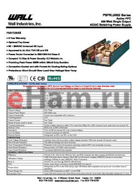 PSPRL9802SC datasheet - Active PFC 200 Watt Single Output AC/DC Switching Power Supply