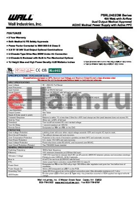PSRL0402DMX-0312 datasheet - 400 Watt with Airflow Dual Output Medical Approved AC/DC Medical Power Supply with Active PFC