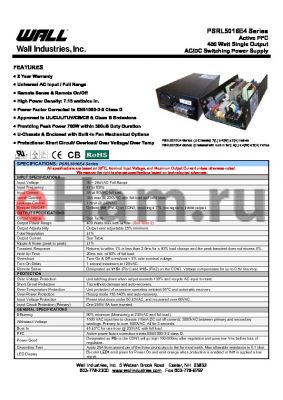 PSRL5016E4-48 datasheet - Active PFC 400 Watt Single Output AC/DC Switching Power Supply
