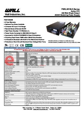 PSRL5016U3 datasheet - Active PFC 300 Watt Single Output AC/DC Switching Power Supply