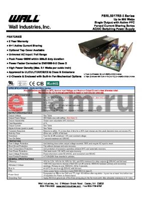 PSRL5017RX5-12I datasheet - Up to 500 Watts Single Output with Active PFC Forced Current Sharing Series AC/DC Switching Power Supply