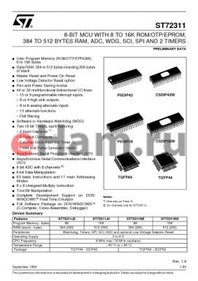 ST72311J4T6 datasheet - 8-BIT MCU WITH 8 TO 16K ROM/OTP/EPROM, 384 TO 512 BYTES RAM, ADC, WDG, SCI, SPI AND 2 TIMERS