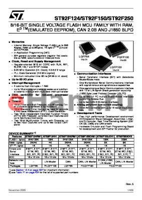 ST92150JCR2QC datasheet - 8/16-BIT SINGLE VOLTAGE FLASH MCU FAMILY WITH RAM, E3 TM(EMULATED EEPROM), CAN 2.0B AND J1850 BLPD