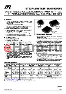 ST92F250JV2QC datasheet - 8/16-BIT SINGLE VOLTAGE FLASH MCU FAMILY WITH RAM, E3 TMEMULATED EEPROM, CAN 2.0B AND J1850 BLPD
