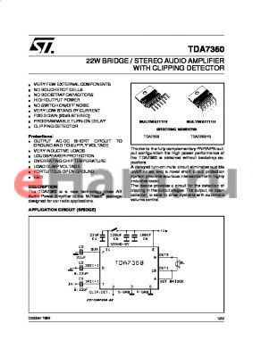 TDA7360HS datasheet - 22W BRIDGE / STEREO AUDIO AMPLIFIER WITH CLIPPING DETECTOR