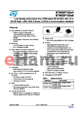 STM32F103T6T6ATR datasheet - Low-density performance line, ARM-based 32-bit MCU with 16 or 32 KB Flash, USB, CAN, 6 timers, 2 ADCs, 6 communication interfaces