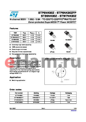 STP6NK90ZFP datasheet - N-channel 900V - 1.56Y - 5.8A - TO-220/TO-220FP/D2PAK/TO-247 Zener-protected SuperMESH Power MOSFET