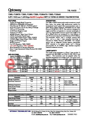 TRSL-7120ACG datasheet - 3.3V / 1310 nm / 1.25 Gbps RoHS Compliant SFF LC SINGLE-MODE TRANSCEIVER