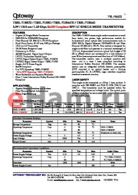 TRSL-7130G datasheet - 3.3V / 1310 nm / 1.25 Gbps RoHS Compliant SFF LC SINGLE-MODE TRANSCEIVER