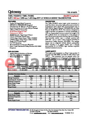 TRSL-73160G datasheet - 3.3V / 160 km / 1550 nm / 1.25 Gbps SFF LC SINGLE-MODE TRANSCEIVER