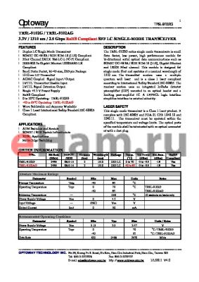 TRSL-9102G datasheet - 3.3V / 1310 nm / 2.5 Gbps RoHS Compliant SFF LC SINGLE-MODE TRANSCEIVER