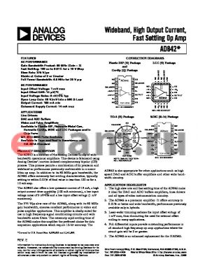 AD842JQ datasheet - Wideband, High Output Current, Fast Settling Op Amp