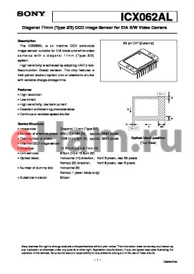 ICX062AL datasheet - Diagonal 11mm (Type 2/3) CCD Image Sensor for EIA B/W Video Camera
