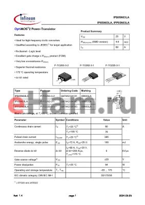 IPP05N03LA datasheet - OptiMOS 2 Power-Transistor
