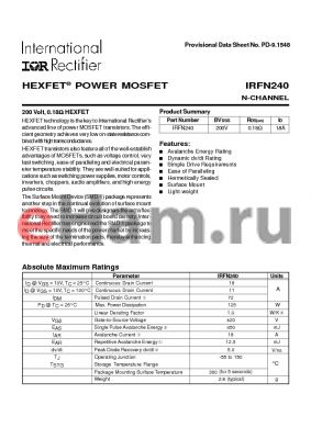 IRFN240 datasheet - POWER MOSFET N-CHANNEL(BVdss=200V, Rds(on)=0.18ohm, Id=18A)