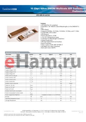 XPD-MR-04-53CDA datasheet - 10 Gbps 40km DWDM Multirate XFP Transceiver Preliminary