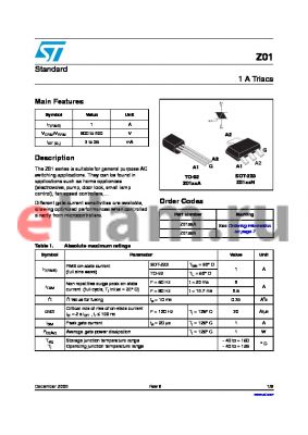 Z0107MA5AL2 datasheet - 1 A Triacs