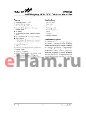 HT16C21 datasheet - RAM Mapping 20*4 / 16*8 LCD Driver Controller