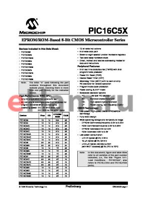 PIC16C55-HS/SO datasheet - Bits number of 8 Memory configuration 512x12 Memory type OTP Frequency clock 20 MHz Memory size 512 bit 8-bit CMOS MCU, 512b OTP PROM, 25b RAM, 20 I/O lines - 20MHz